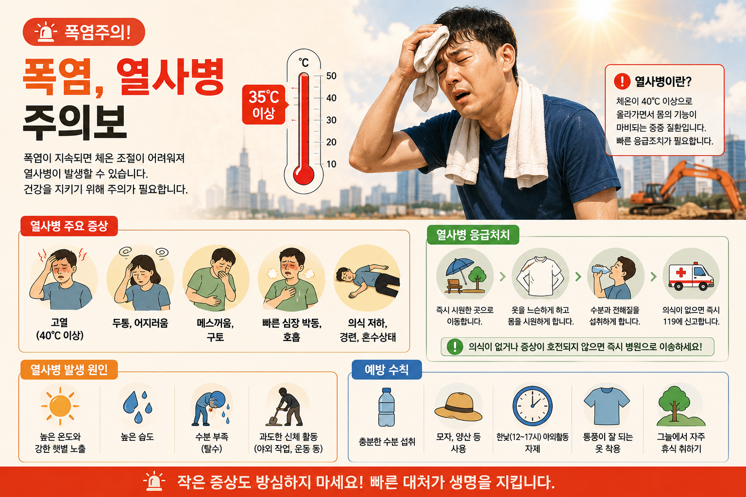 폭염 열사병 주의보 증상과 응급처치 인포그래픽