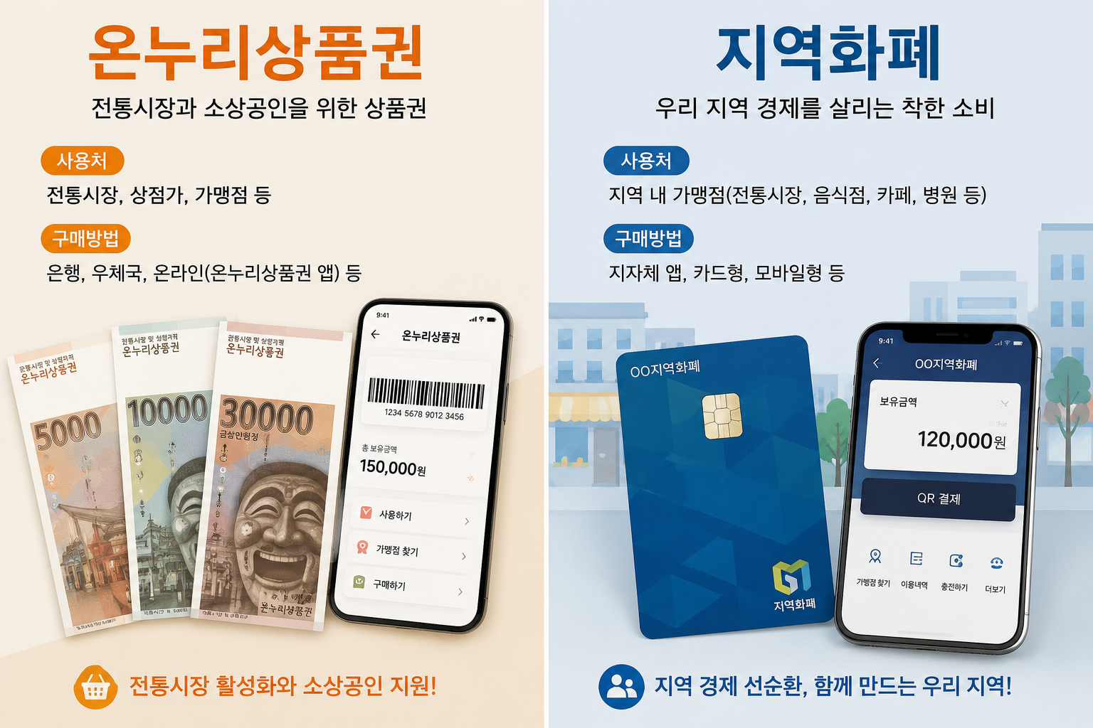 온누리상품권과 지역화폐 사용처 및 구매방법 인포그래픽